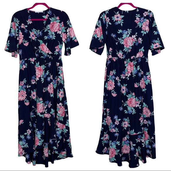 Chris & Carol | Dresses | Chris Carol Surplice Ruffled High Low Navy ...